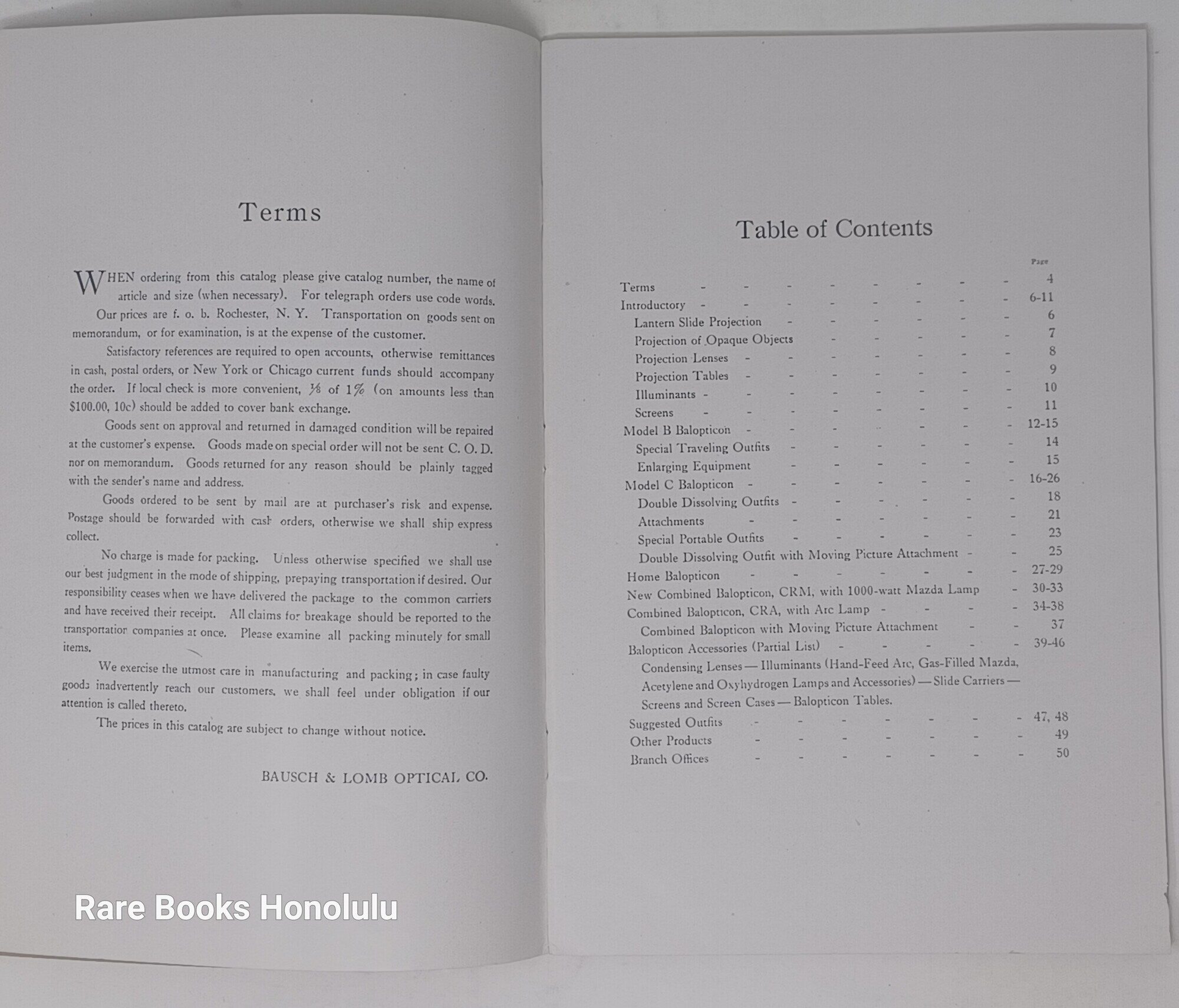 Bausch & Lomb Balopticons Catalog 1911 - Honolulu Photo Supply C.