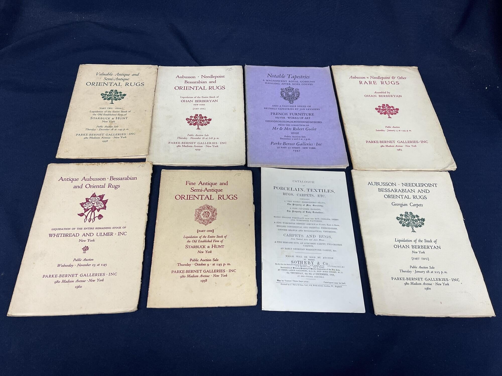 9 Parke-Bernet Galleries Catalogs ORIENTAL and RARE RUGS (1947 - 1960): Kelekian I + II, Starbuck & Hunt I + II, 3 x Berberyan, Whitbread and Ulmer + Notable Tapestries - Goelet