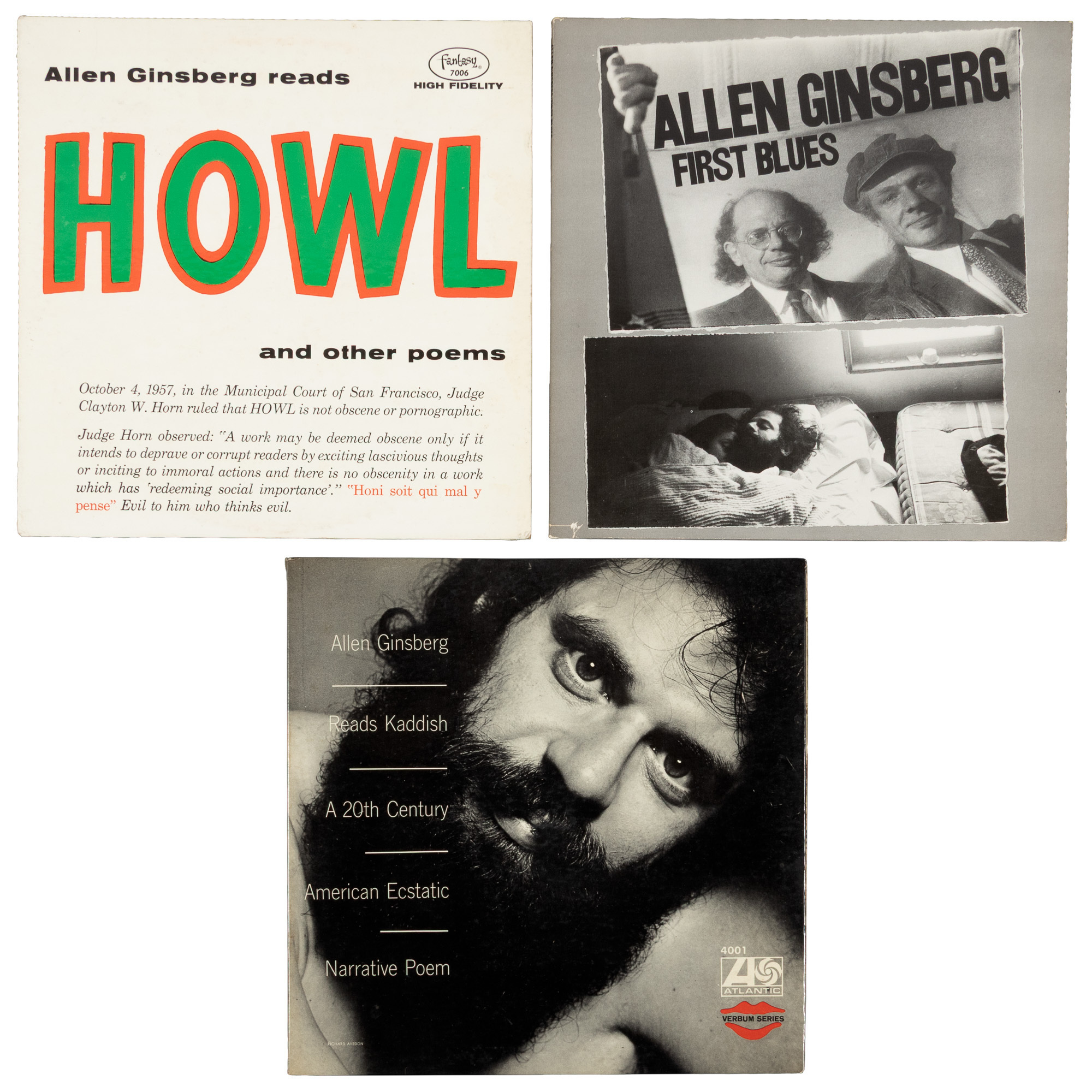 Three Allen Ginsberg poetry LPs : - - Allen Ginsberg Reads Howl (1959) - - Allen Ginsberg Reads Kaddish. (1966) - - Allen Ginsberg - First Blues. (1982) - -