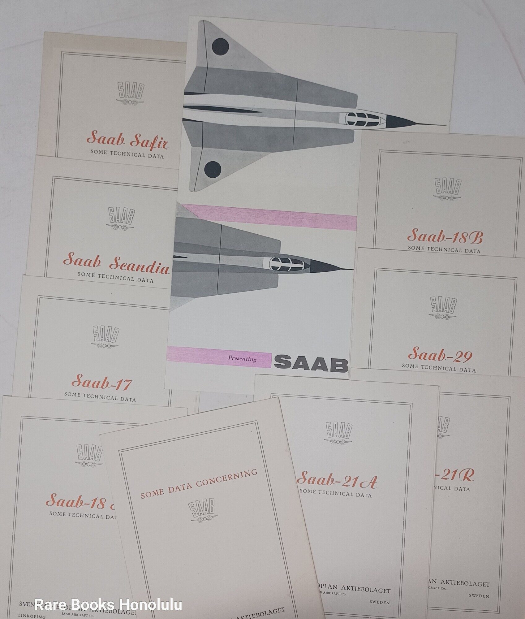 [Ephemera] SAAB Air Force Fighter Jet, Planes, Cars - brochure (1960) and nine air-plane data sheets with descriptions (1948/49)