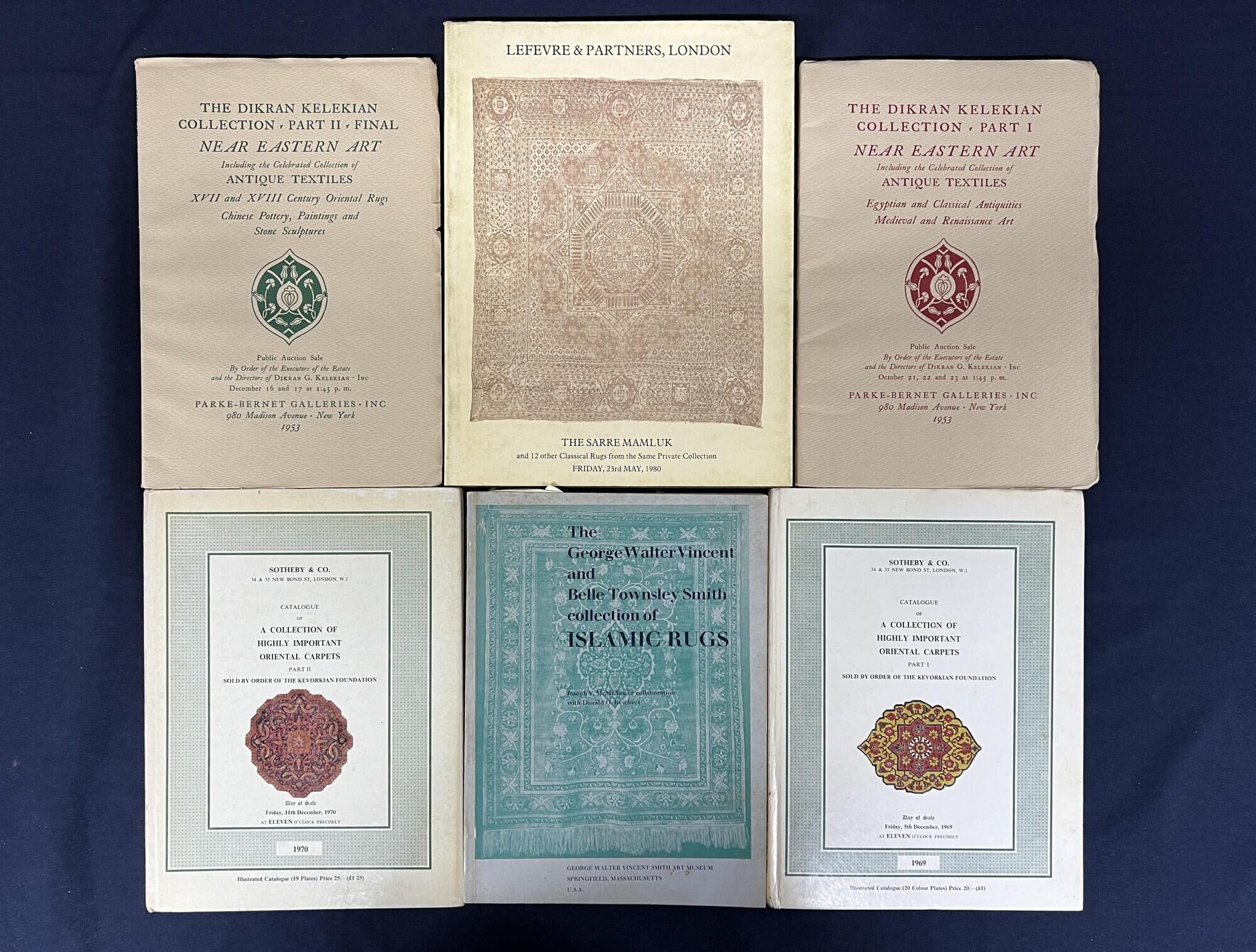 5 Rug & Carpet Catalogues, incl.: Catalogue of A Collection of Highly Important Oriental Carpets. Sold by Order Of The Kevorkian Foundation. Parts I and II. (1970)
