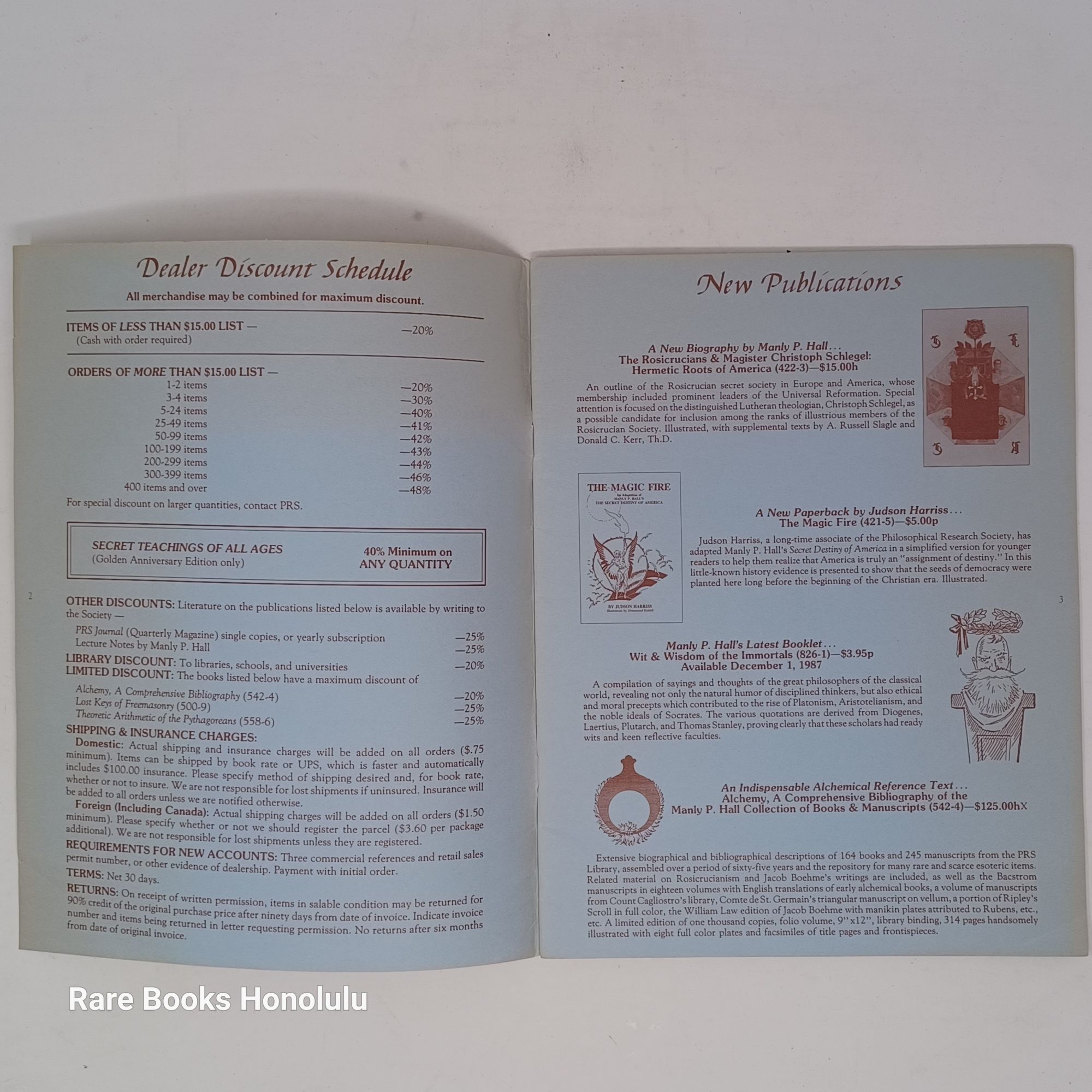 1988 - 89 Dealer Catalog feat. the Writings, Audio Cassettes, Posters and Tarot Cards of Manly P. Hall