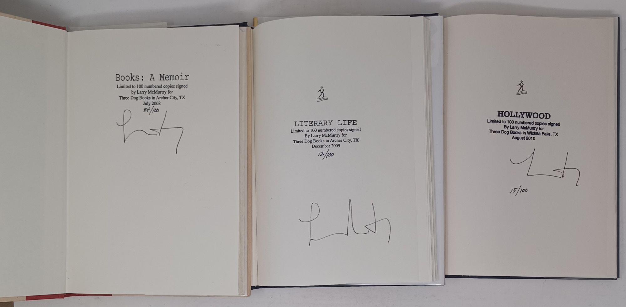 Larry McMurtry: All 3 Memoir Books signed - 'Books A Memoir' - 'Literary Life: A Second Memoir' - 'Hollywood: A Third Memoir'