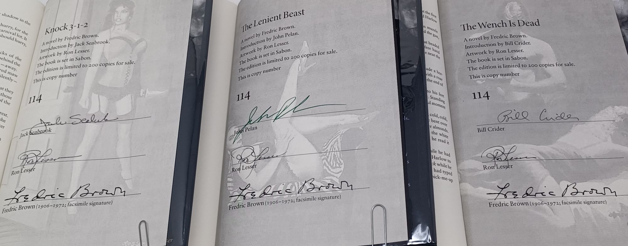 Fredric Brown: 3 vol. all signed: The Lenient Beast - Knock 3-1-2 - The Wench is Dead - matching numbers, limited Centipede Press editions